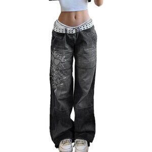 Women's Wide Leg Denim Cargo Pants Low Rise Heart Pattern Baggy Jeans